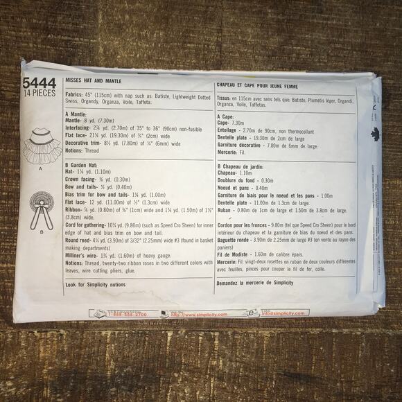 Simplicity Sewing Pattern 5444 Fashion Historian Mantle Hat 1800s One Size UNCUT - Picture 2 of 2